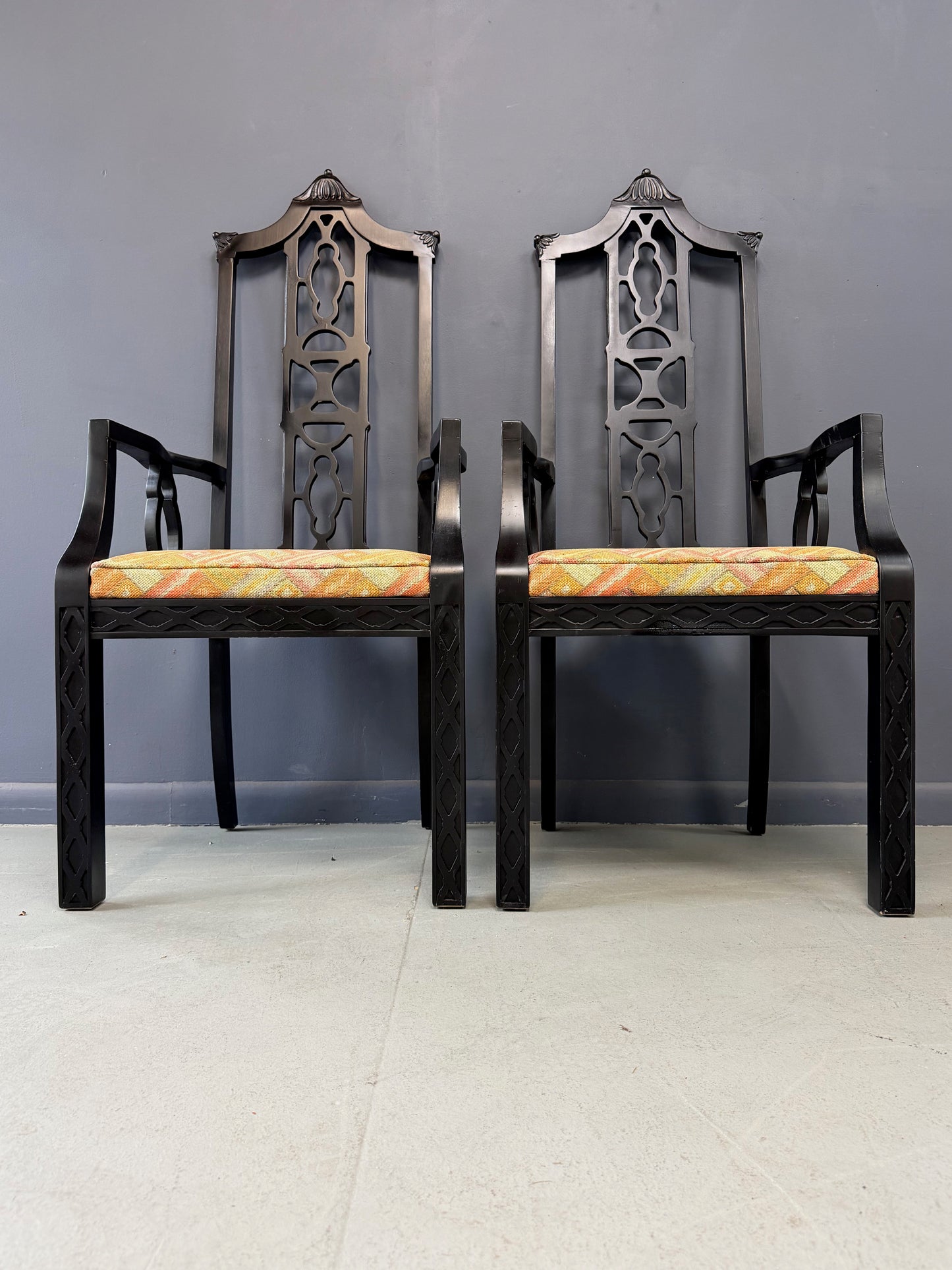 Elegant pair of 1970s Black Chinoiserie Arm Chairs w/Carved Details Mid Century