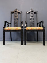 Load image into Gallery viewer, Elegant pair of 1970s Black Chinoiserie Arm Chairs w/Carved Details Mid Century