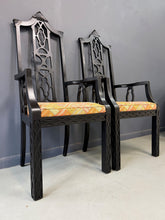 Load image into Gallery viewer, Elegant pair of 1970s Black Chinoiserie Arm Chairs w/Carved Details Mid Century