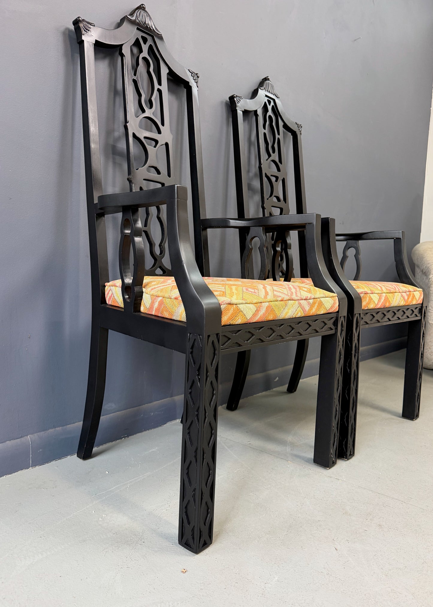 Elegant pair of 1970s Black Chinoiserie Arm Chairs w/Carved Details Mid Century