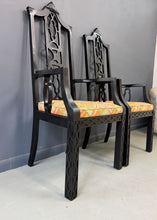 Load image into Gallery viewer, Elegant pair of 1970s Black Chinoiserie Arm Chairs w/Carved Details Mid Century