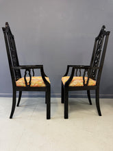 Load image into Gallery viewer, Elegant pair of 1970s Black Chinoiserie Arm Chairs w/Carved Details Mid Century