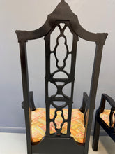 Load image into Gallery viewer, Elegant pair of 1970s Black Chinoiserie Arm Chairs w/Carved Details Mid Century