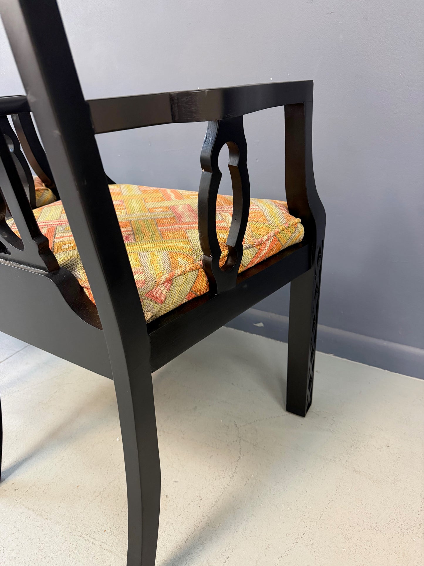 Elegant pair of 1970s Black Chinoiserie Arm Chairs w/Carved Details Mid Century