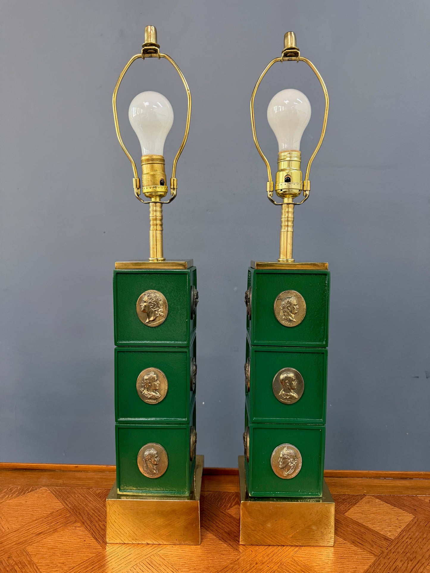 Pair of Neoclassical Style Green Column Lamps with Brass Medallions w/Brass Base