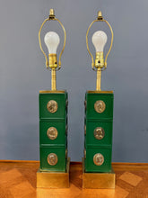 Load image into Gallery viewer, Pair of Neoclassical Style Green Column Lamps with Brass Medallions w/Brass Base
