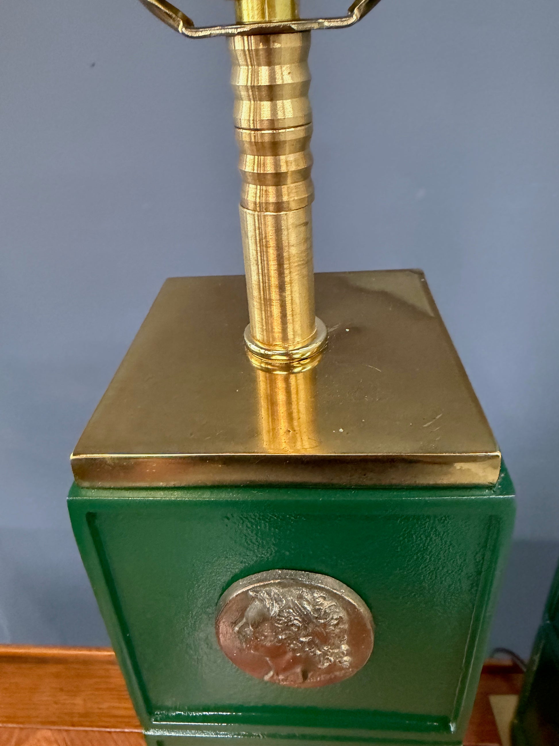 Pair of Neoclassical Style Green Column Lamps with Brass Medallions w/Brass Base