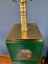 Load image into Gallery viewer, Pair of Neoclassical Style Green Column Lamps with Brass Medallions w/Brass Base