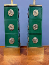 Load image into Gallery viewer, Pair of Neoclassical Style Green Column Lamps with Brass Medallions w/Brass Base
