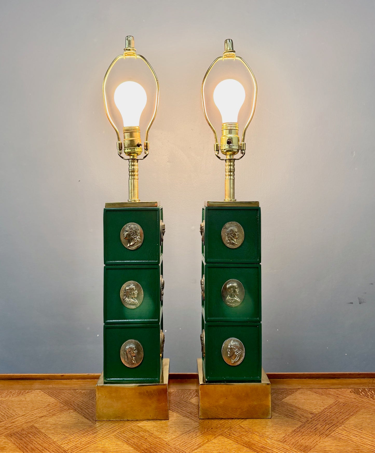 Pair of Neoclassical Style Green Column Lamps with Brass Medallions w/Brass Base
