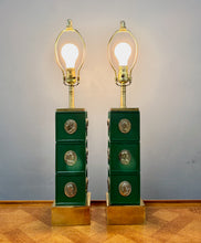 Load image into Gallery viewer, Pair of Neoclassical Style Green Column Lamps with Brass Medallions w/Brass Base