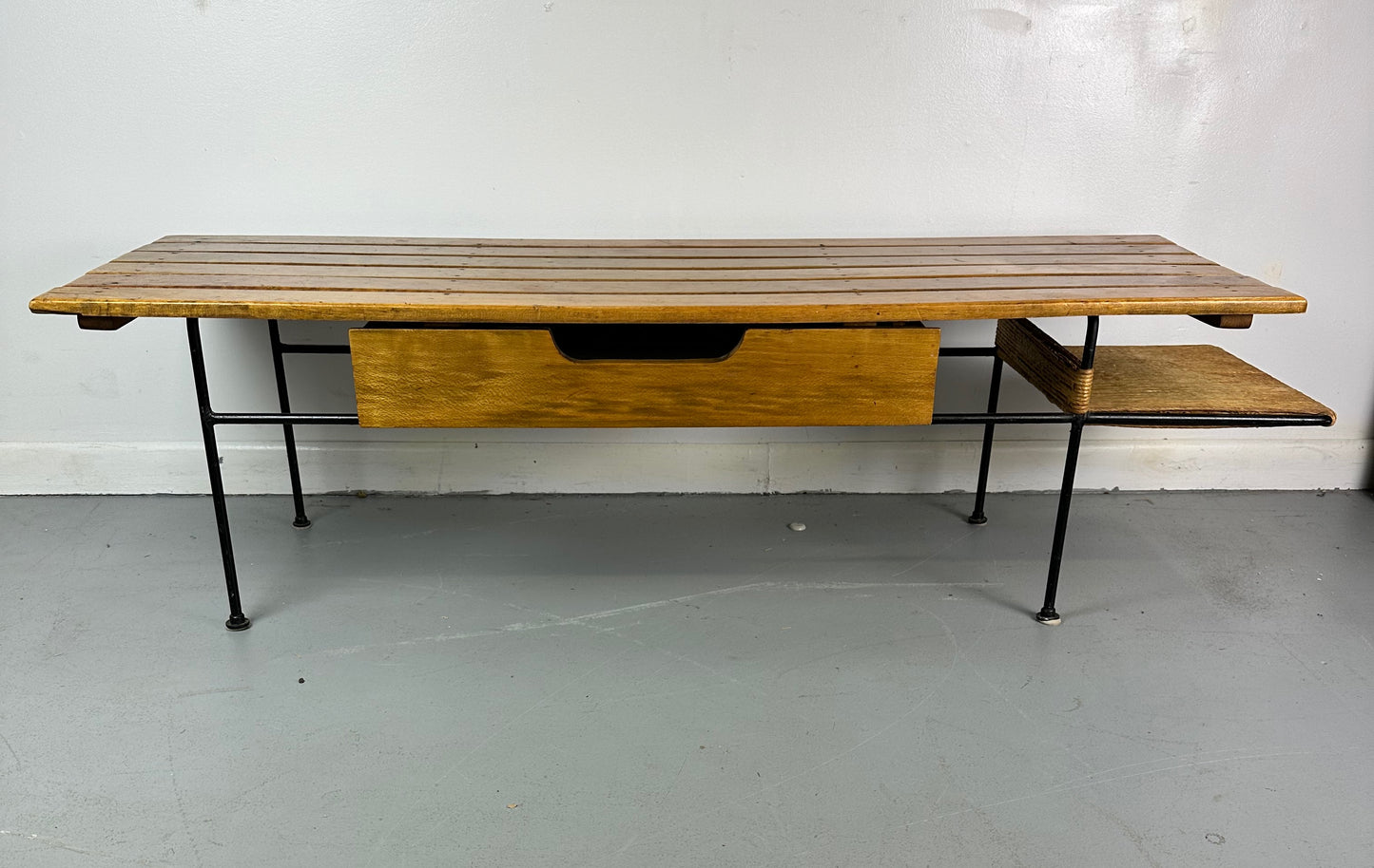 Arthur Umanoff Coffee/Cocktail Table with shelf and Drawer in Elm, Iron, & Cord