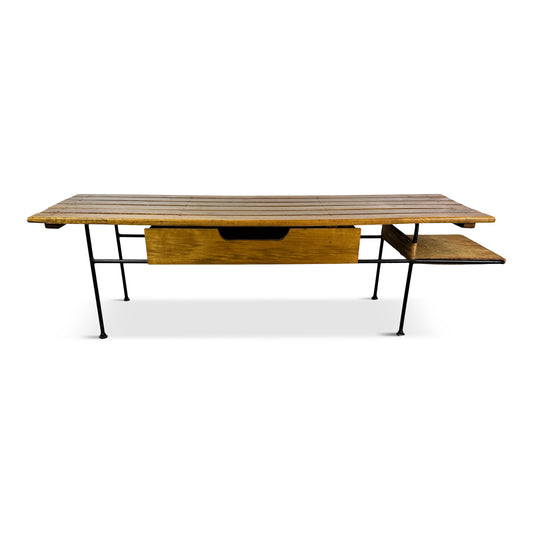 SOLD – Arthur Umanoff Coffee/Cocktail Table with shelf and Drawer in Elm, Iron, & Cord