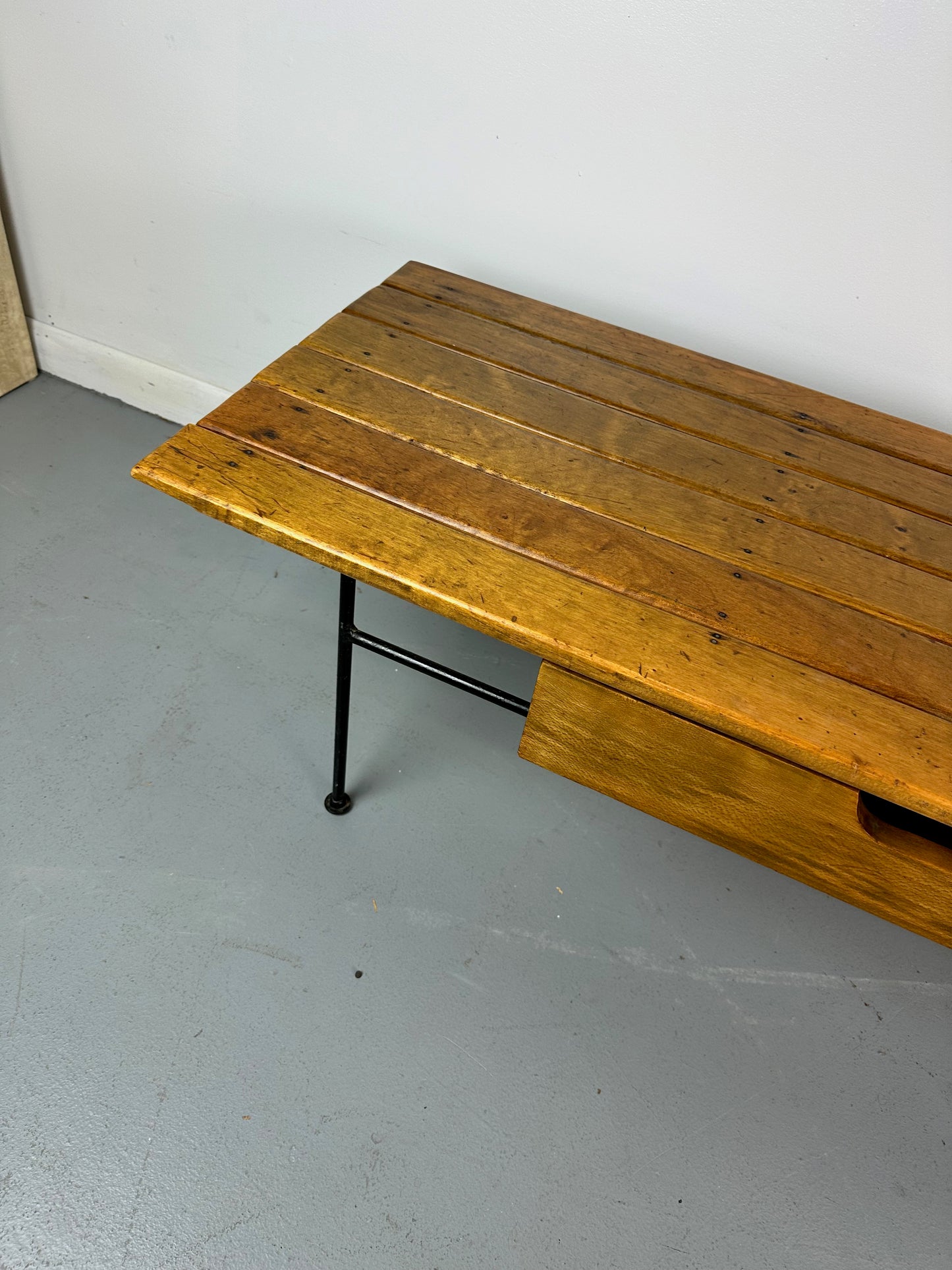 Arthur Umanoff Coffee/Cocktail Table with shelf and Drawer in Elm, Iron, & Cord