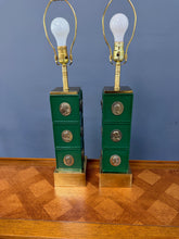 Load image into Gallery viewer, Pair of Neoclassical Style Green Column Lamps with Brass Medallions w/Brass Base