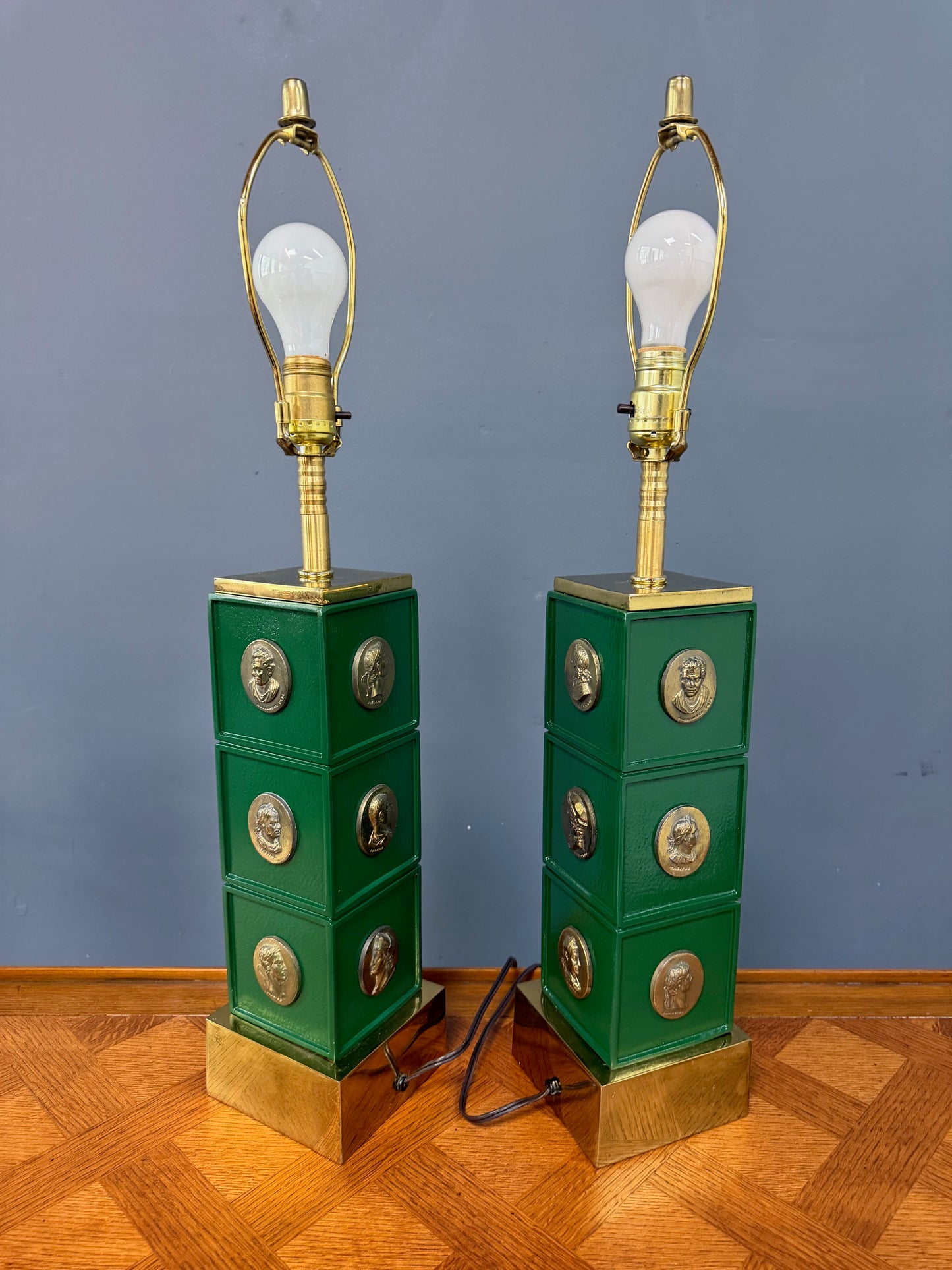 Pair of Neoclassical Style Green Column Lamps with Brass Medallions w/Brass Base