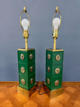 Load image into Gallery viewer, Pair of Neoclassical Style Green Column Lamps with Brass Medallions w/Brass Base