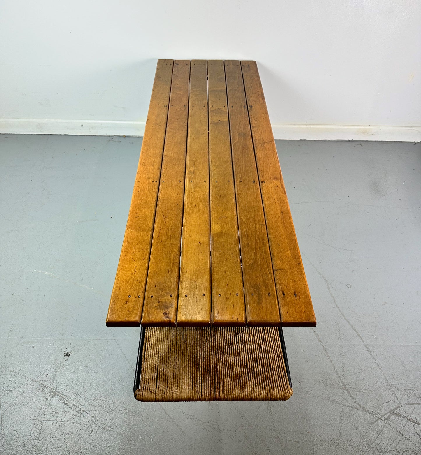 Arthur Umanoff Coffee/Cocktail Table with shelf and Drawer in Elm, Iron, & Cord