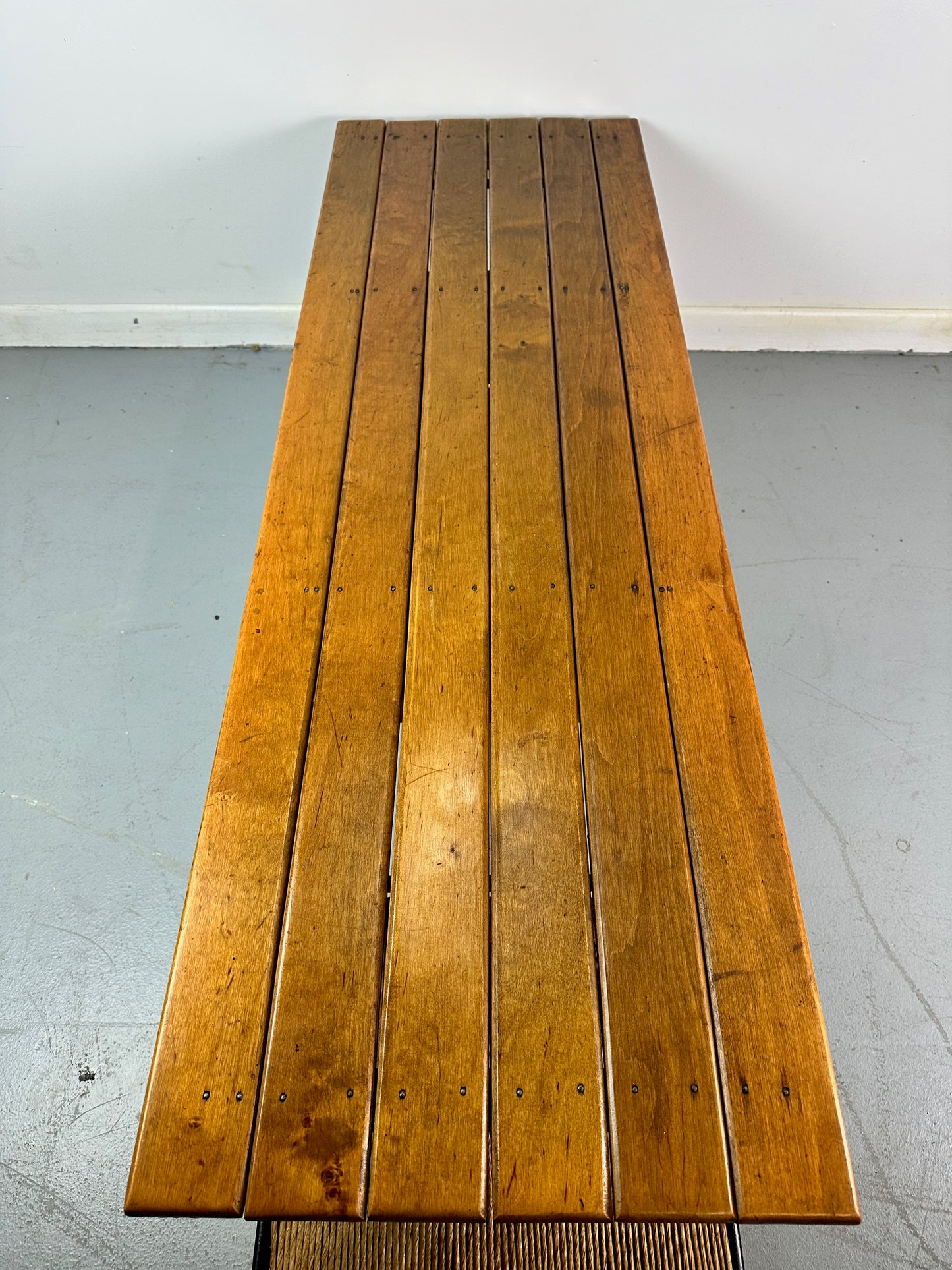 Arthur Umanoff Coffee/Cocktail Table with shelf and Drawer in Elm, Iron, & Cord
