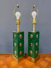 Load image into Gallery viewer, Pair of Neoclassical Style Green Column Lamps with Brass Medallions w/Brass Base