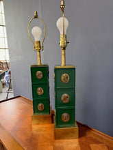 Load image into Gallery viewer, Pair of Neoclassical Style Green Column Lamps with Brass Medallions w/Brass Base