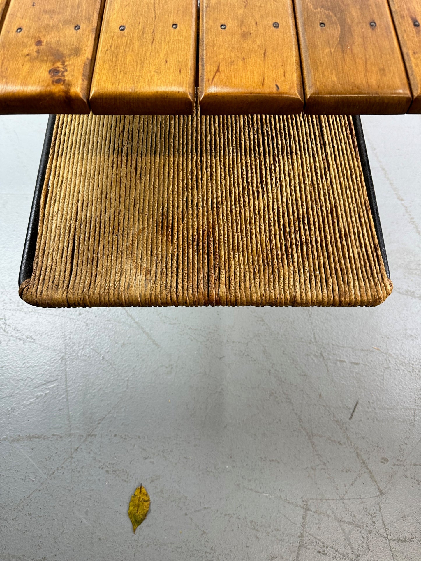 Arthur Umanoff Coffee/Cocktail Table with shelf and Drawer in Elm, Iron, & Cord