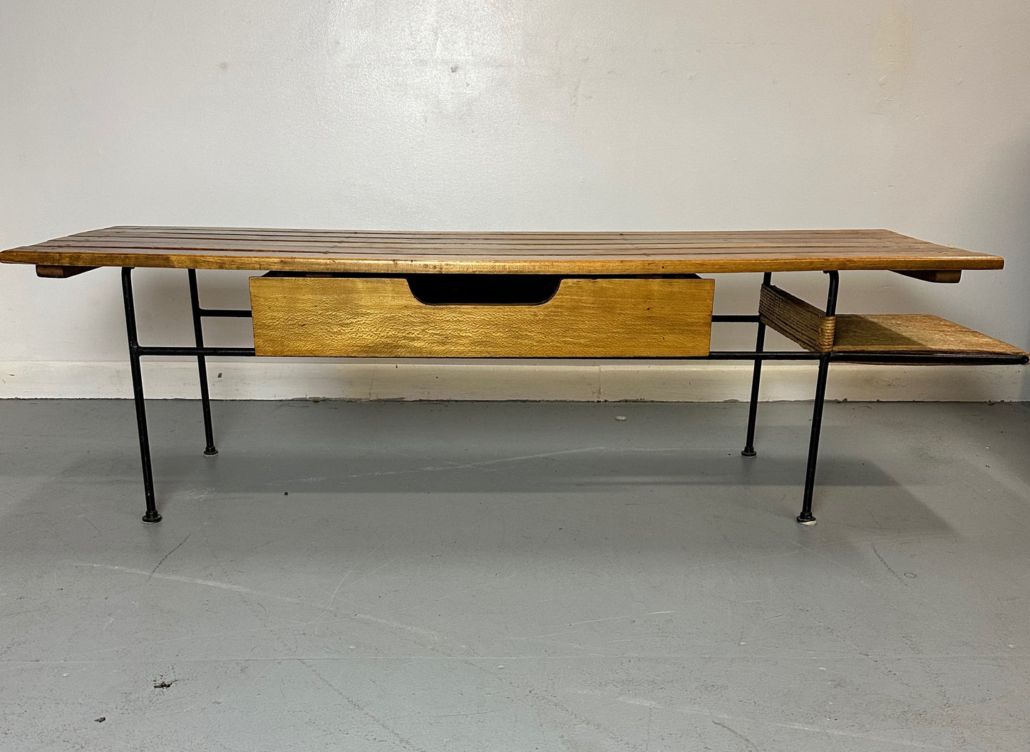 Arthur Umanoff Coffee/Cocktail Table with shelf and Drawer in Elm, Iron, & Cord