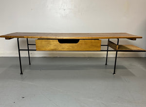 Arthur Umanoff Coffee/Cocktail Table with shelf and Drawer in Elm, Iron, & Cord