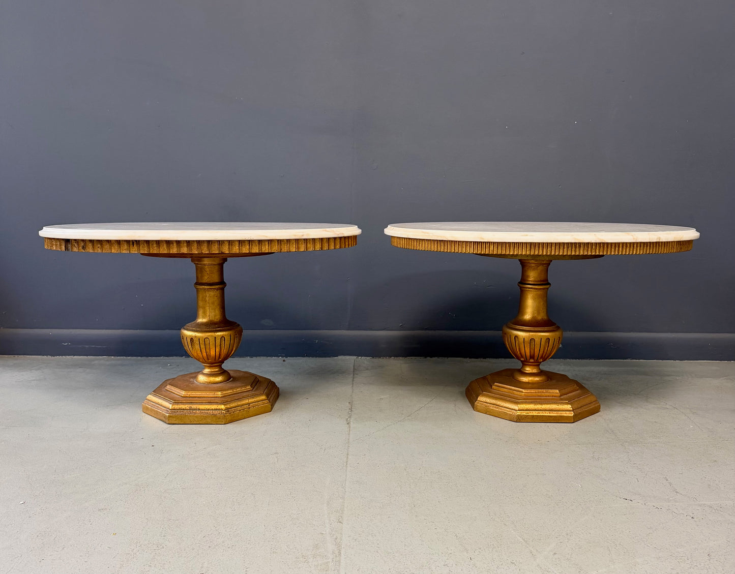 Pair of Neoclassical Style Marble Top Pedestal Side Tables with Giltwood Bases