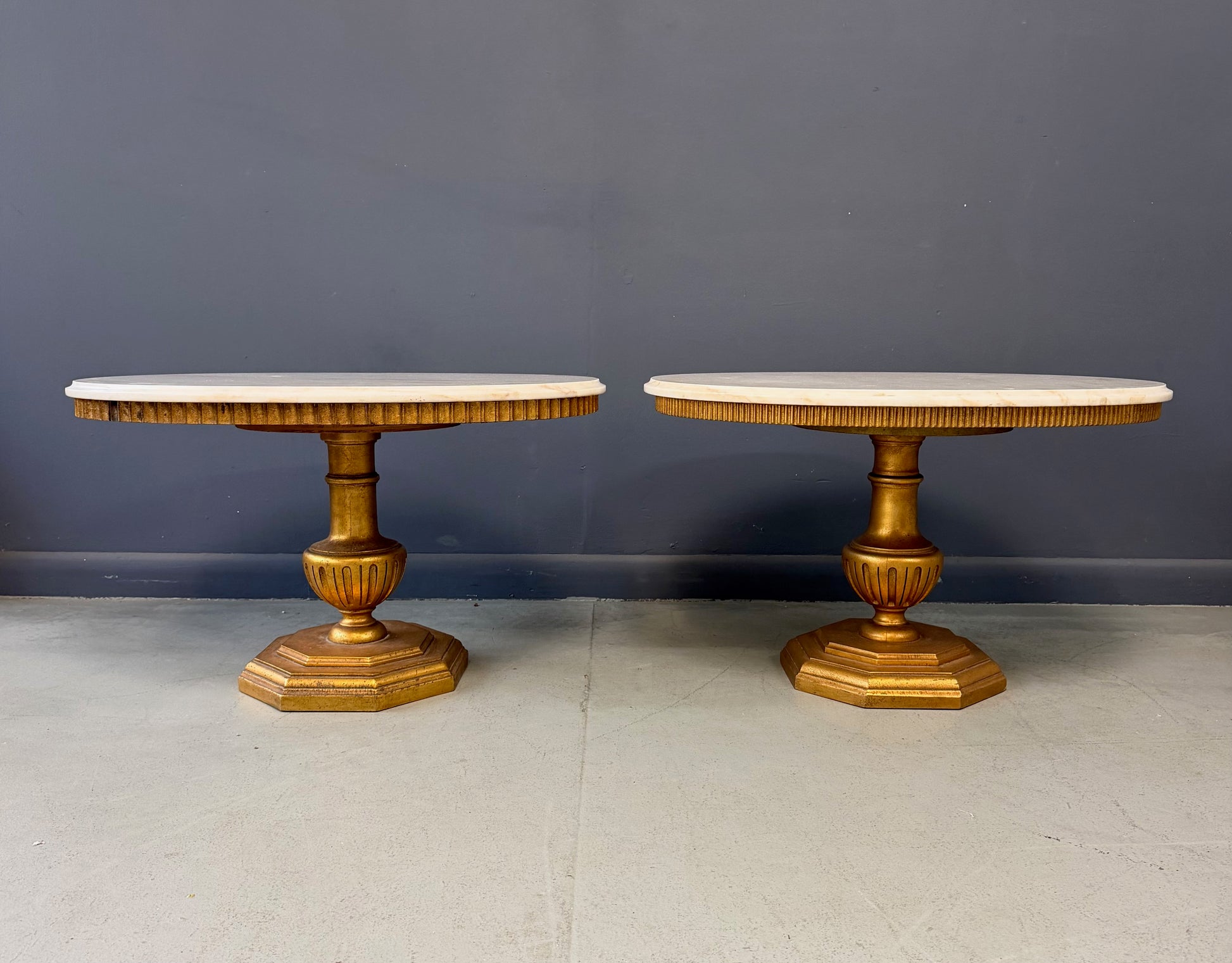 Pair of Neoclassical Style Marble Top Pedestal Side Tables with Giltwood Bases