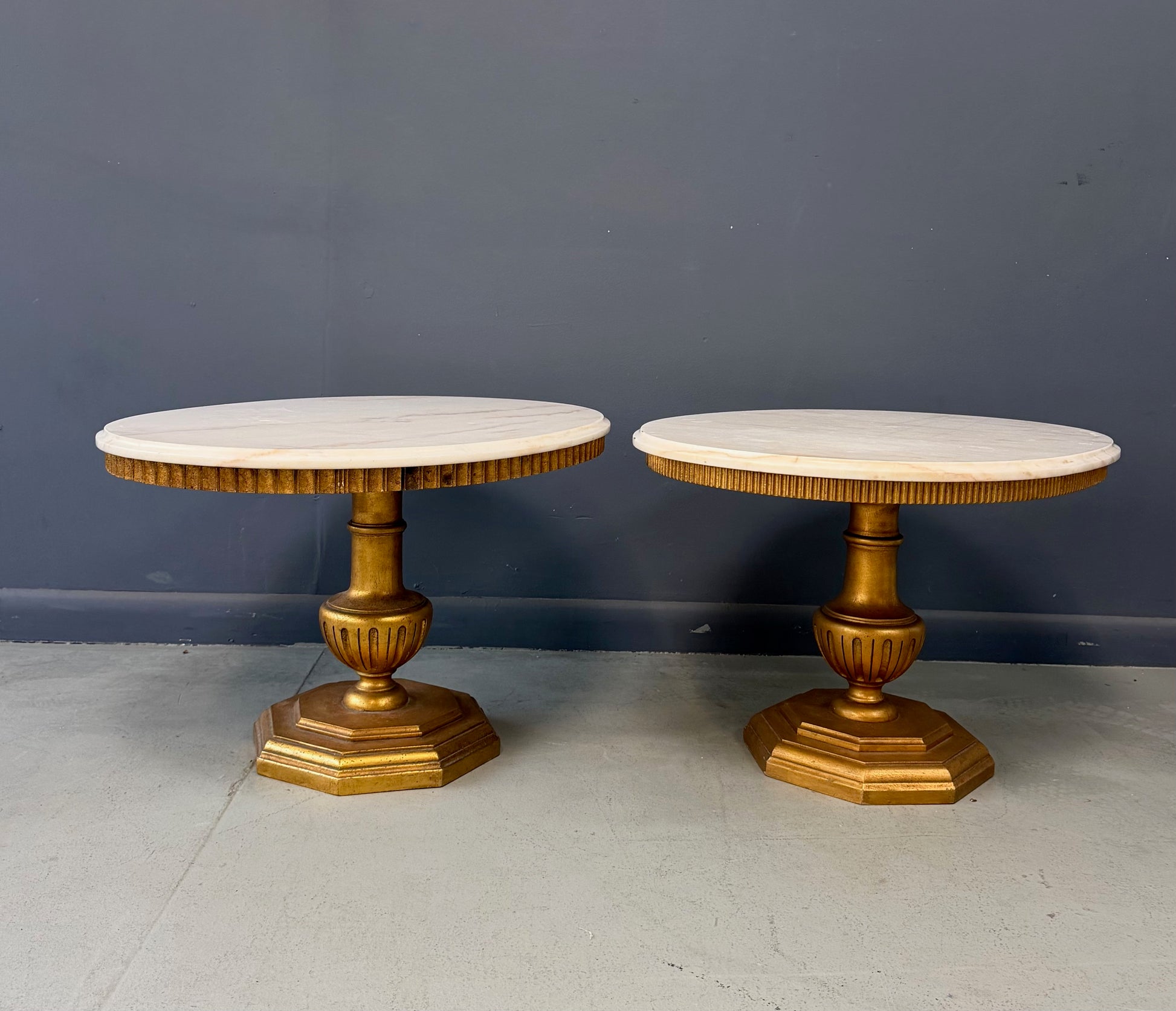 Pair of Neoclassical Style Marble Top Pedestal Side Tables with Giltwood Bases