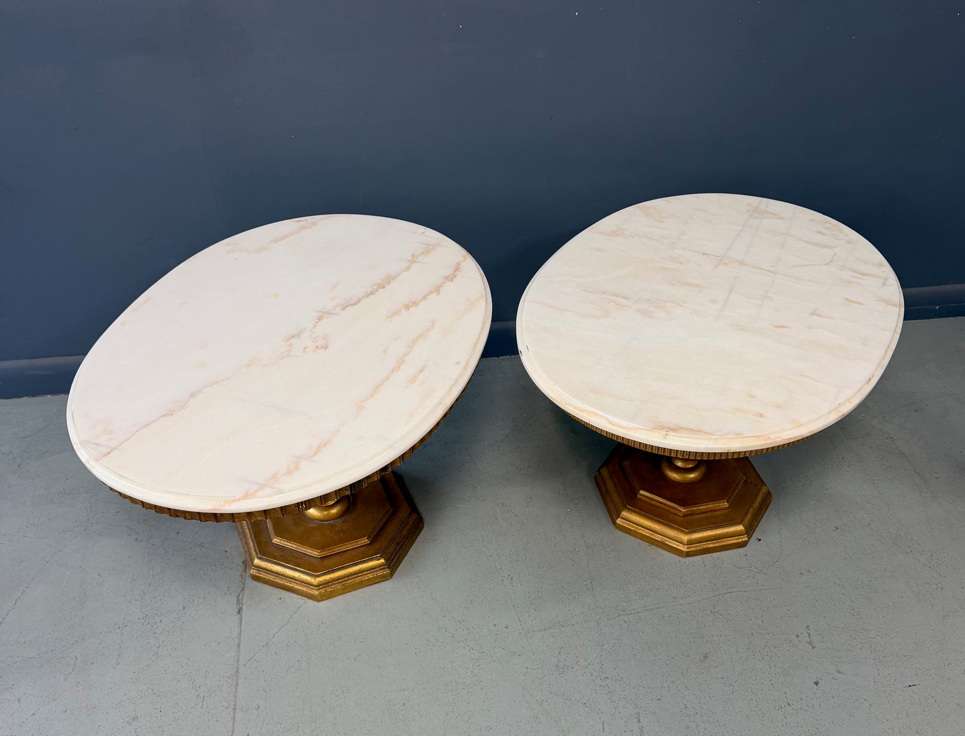 Pair of Neoclassical Style Marble Top Pedestal Side Tables with Giltwood Bases