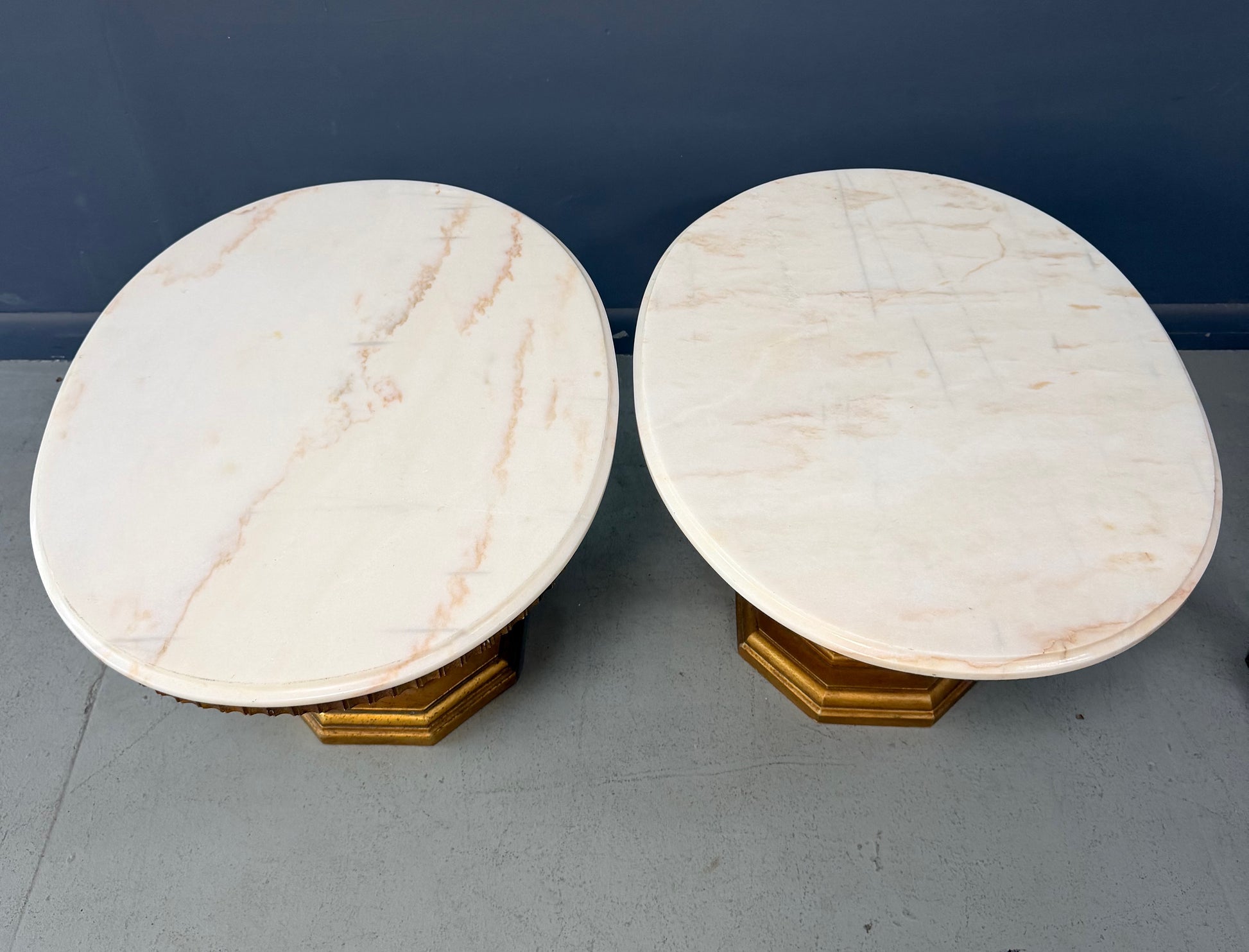 Pair of Neoclassical Style Marble Top Pedestal Side Tables with Giltwood Bases
