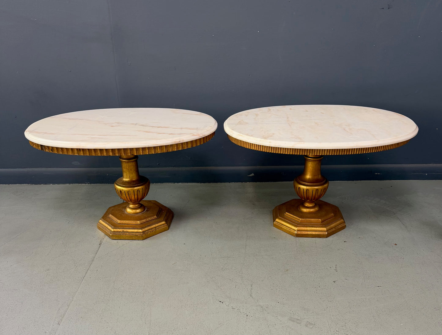 Pair of Neoclassical Style Marble Top Pedestal Side Tables with Giltwood Bases