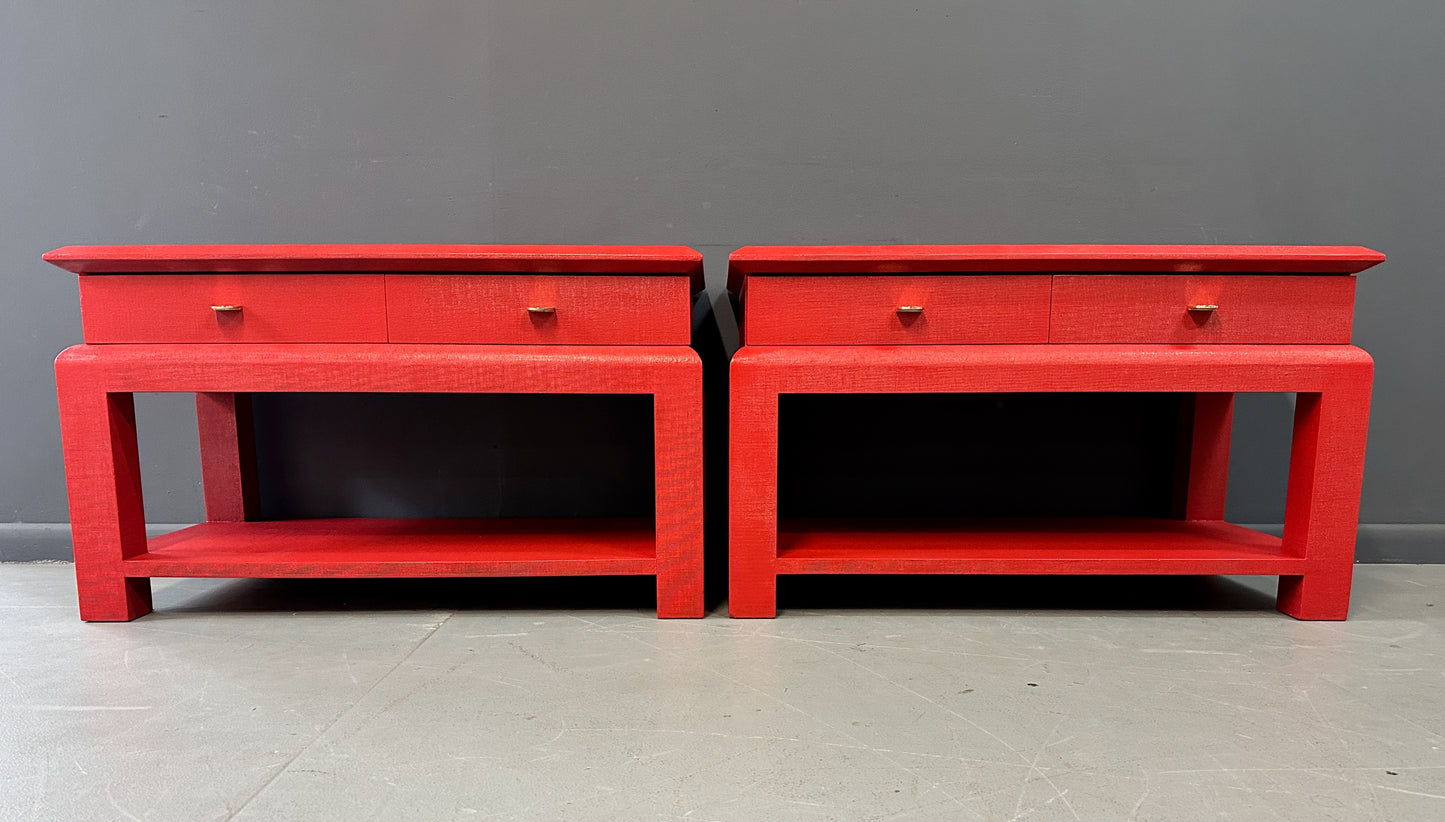 Karl Springer Style Lacquered Red Raffia Side Tables w/ Brass Pulls Mid Century