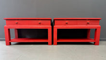 Load image into Gallery viewer, Karl Springer Style Lacquered Red Raffia Side Tables w/ Brass Pulls Mid Century