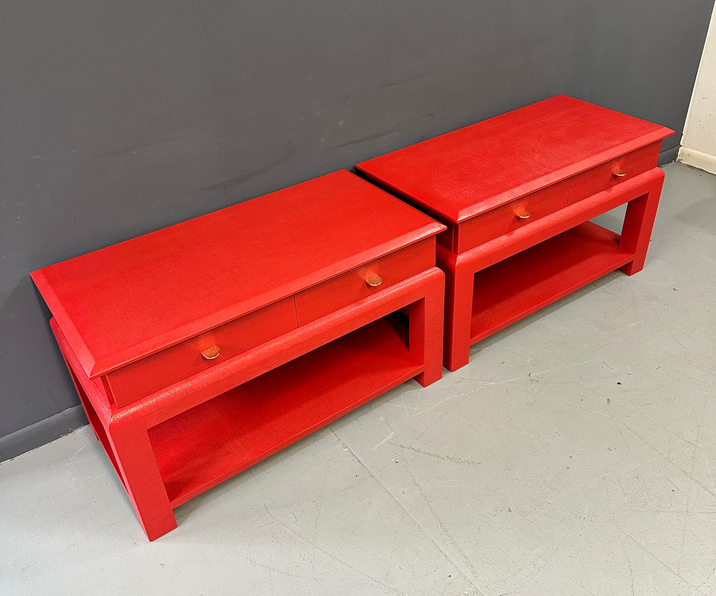 Karl Springer Style Lacquered Red Raffia Side Tables w/ Brass Pulls Mid Century