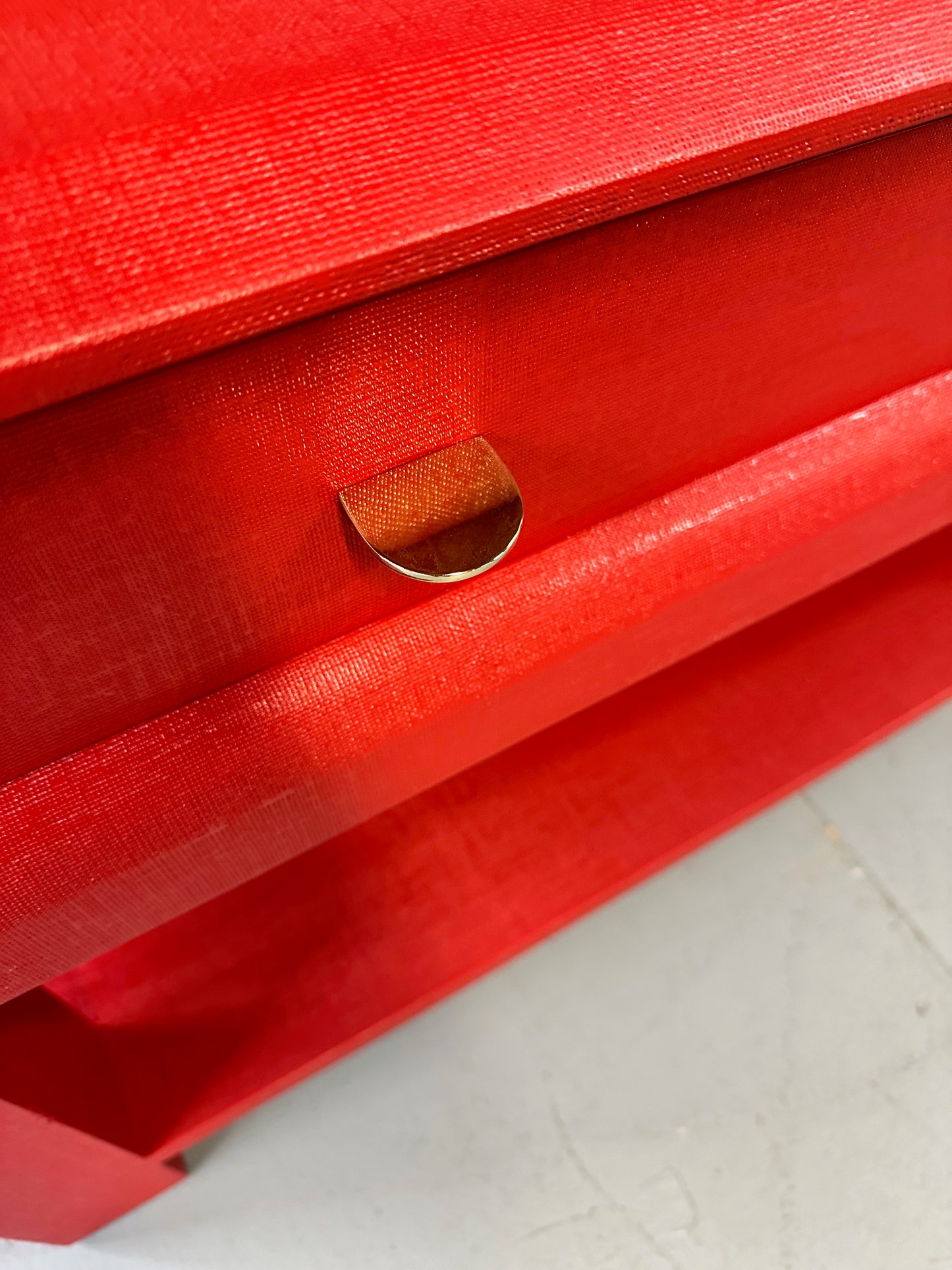 Karl Springer Style Lacquered Red Raffia Side Tables w/ Brass Pulls Mid Century
