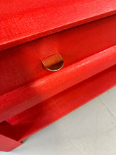Load image into Gallery viewer, Karl Springer Style Lacquered Red Raffia Side Tables w/ Brass Pulls Mid Century