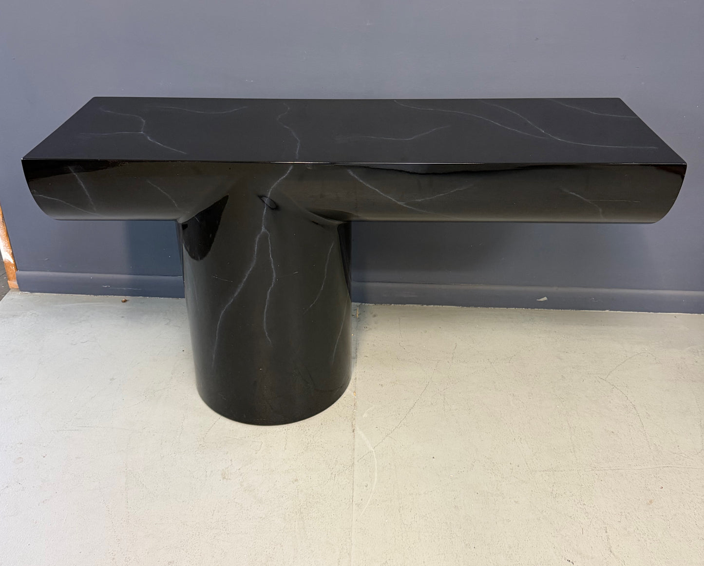 J. Wade Beam Postmodern Black Marbleized Console Table w/Matching Round Mirror