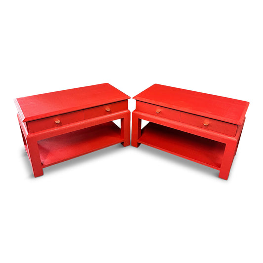 Karl Springer Style Lacquered Red Raffia Side Tables w/ Brass Pulls Mid Century