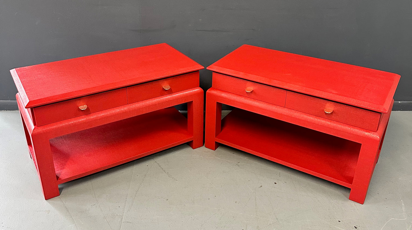 Karl Springer Style Lacquered Red Raffia Side Tables w/ Brass Pulls Mid Century