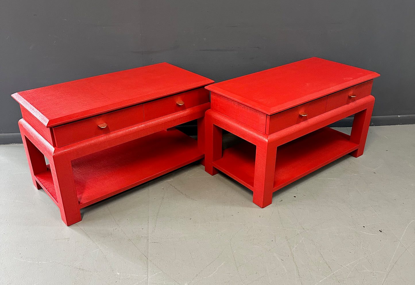Karl Springer Style Lacquered Red Raffia Side Tables w/ Brass Pulls Mid Century