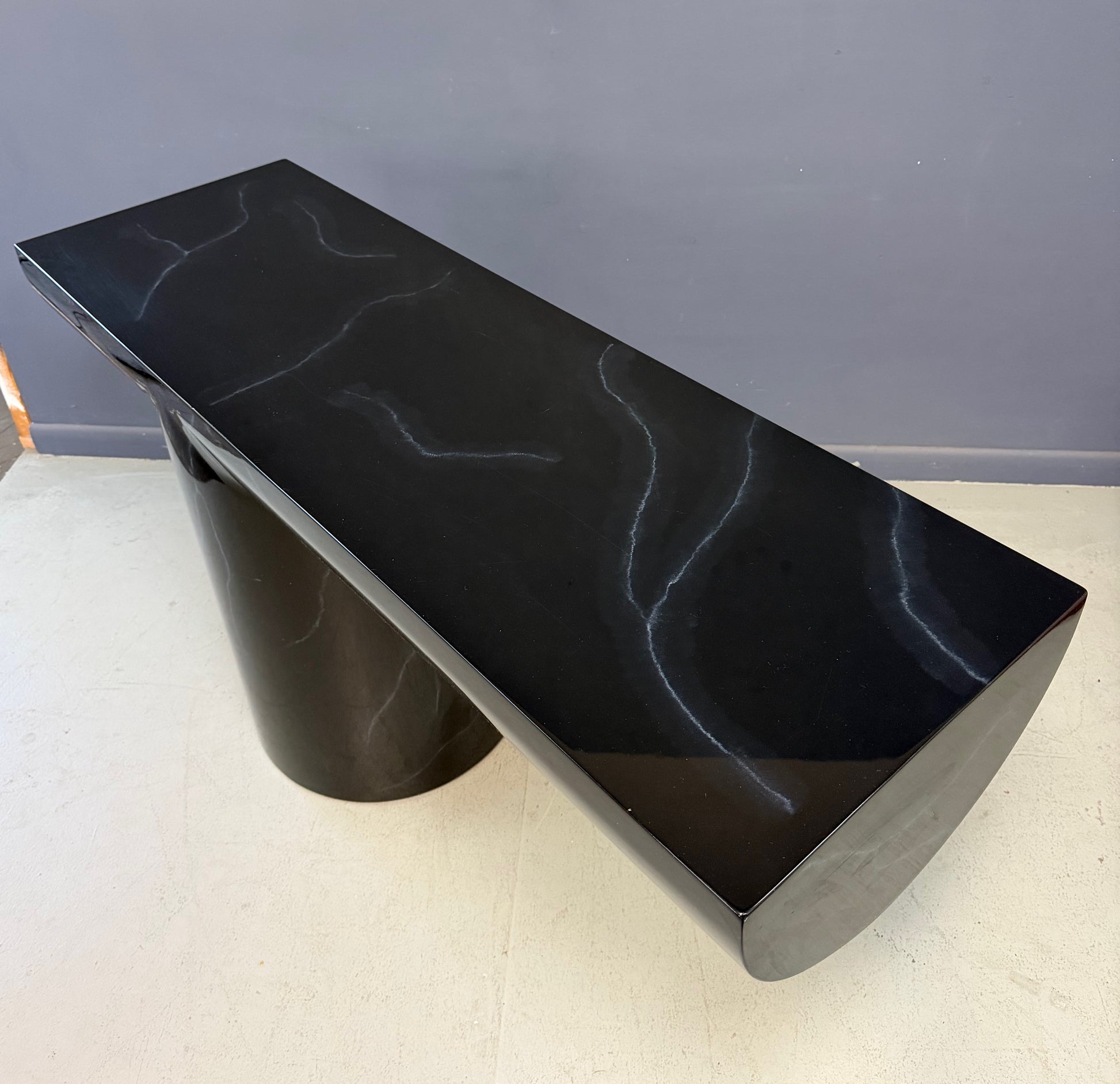 J. Wade Beam Postmodern Black Marbleized Console Table w/Matching Round Mirror