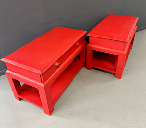 Karl Springer Style Lacquered Red Raffia Side Tables w/ Brass Pulls Mid Century