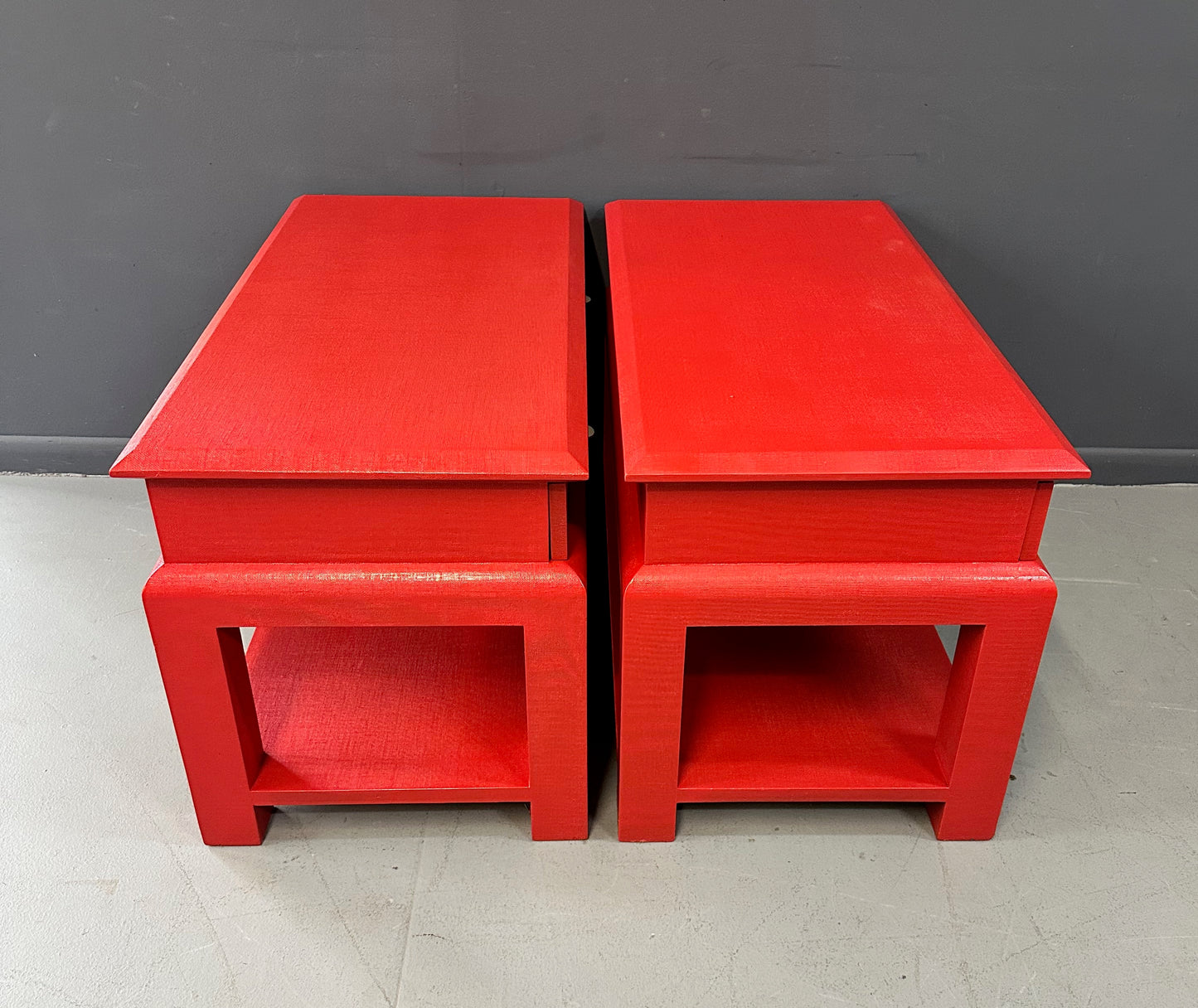 Karl Springer Style Lacquered Red Raffia Side Tables w/ Brass Pulls Mid Century