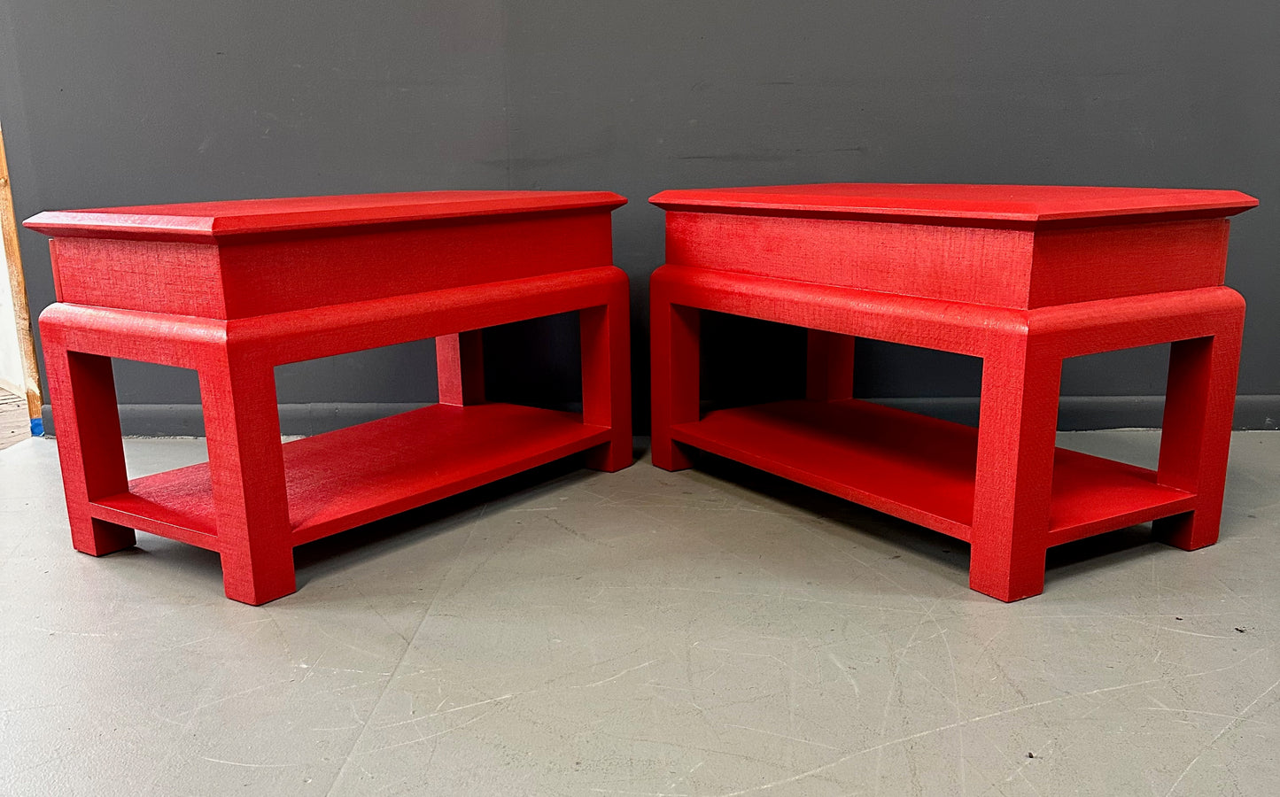 Karl Springer Style Lacquered Red Raffia Side Tables w/ Brass Pulls Mid Century
