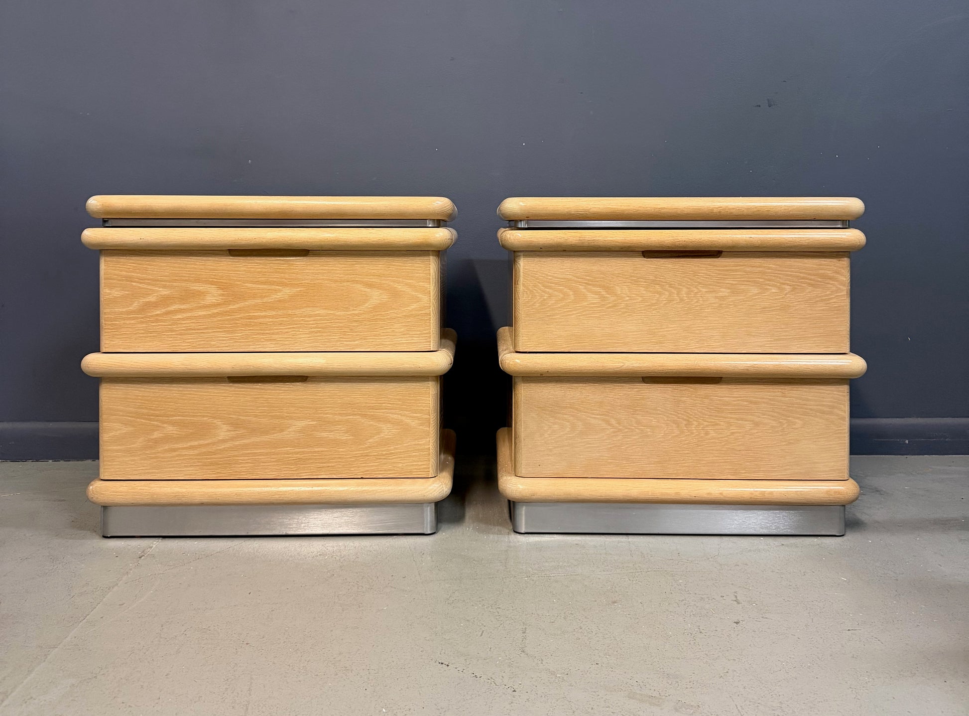 Pair of Jay Spectre for Century Cerused Oak Nightstands with Brushed Steel Bases
