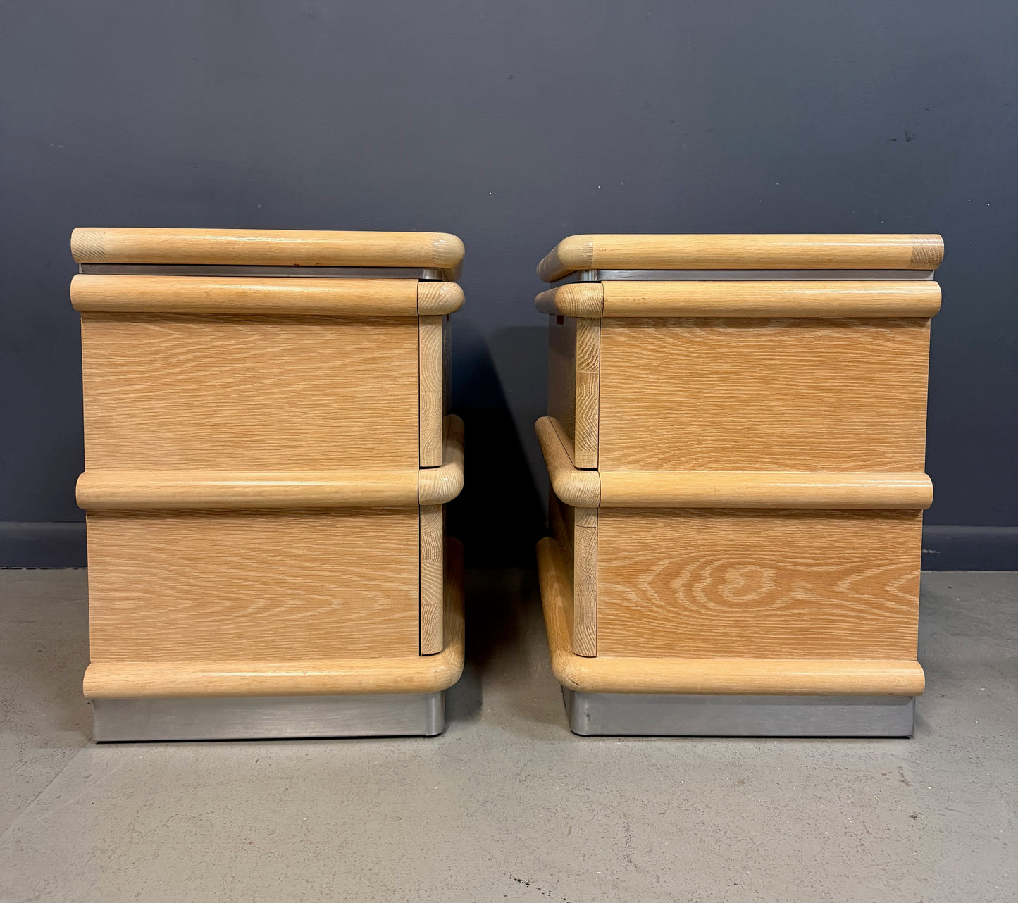Pair of Jay Spectre for Century Cerused Oak Nightstands with Brushed Steel Bases