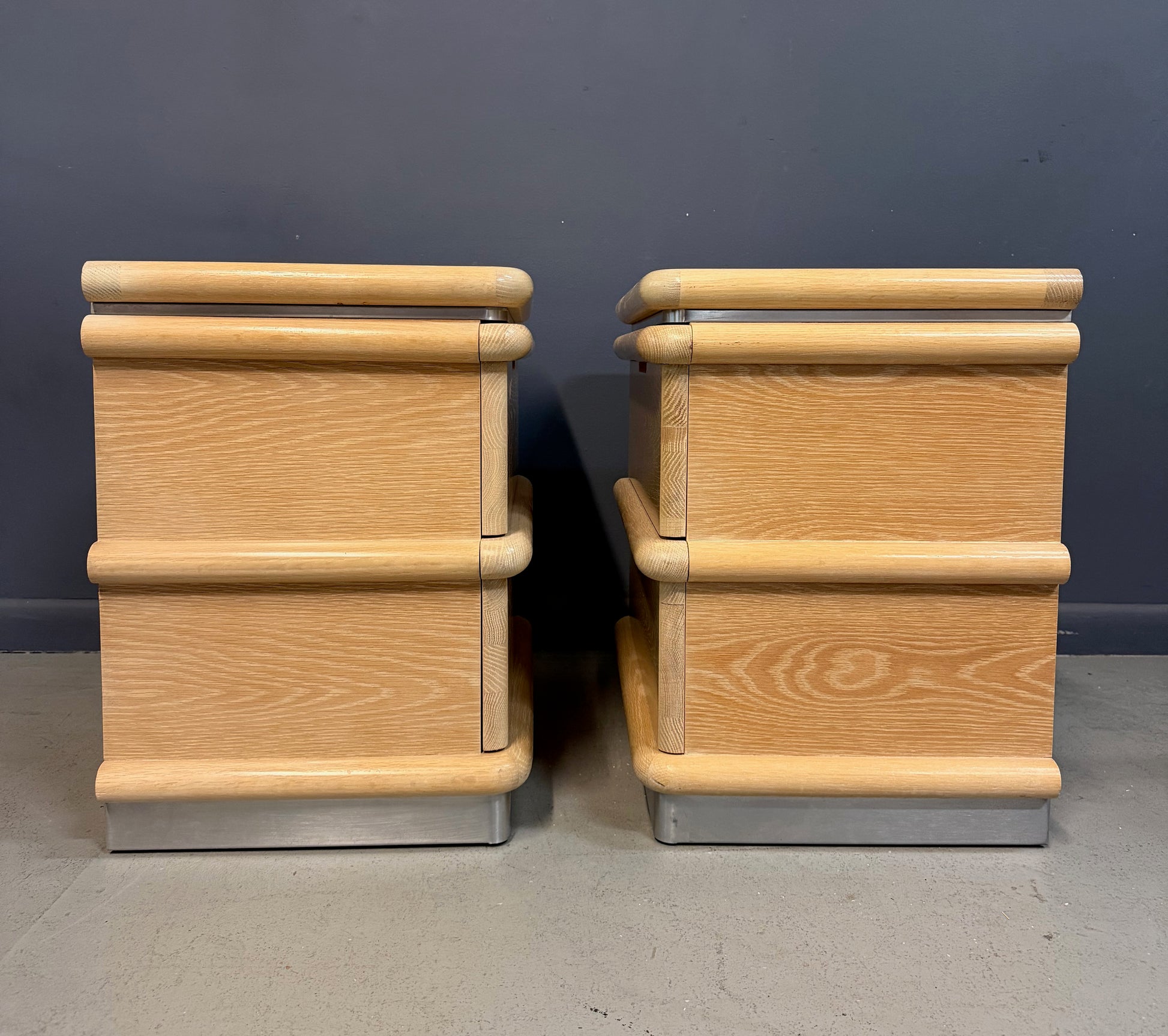 Pair of Jay Spectre for Century Cerused Oak Nightstands with Brushed Steel Bases